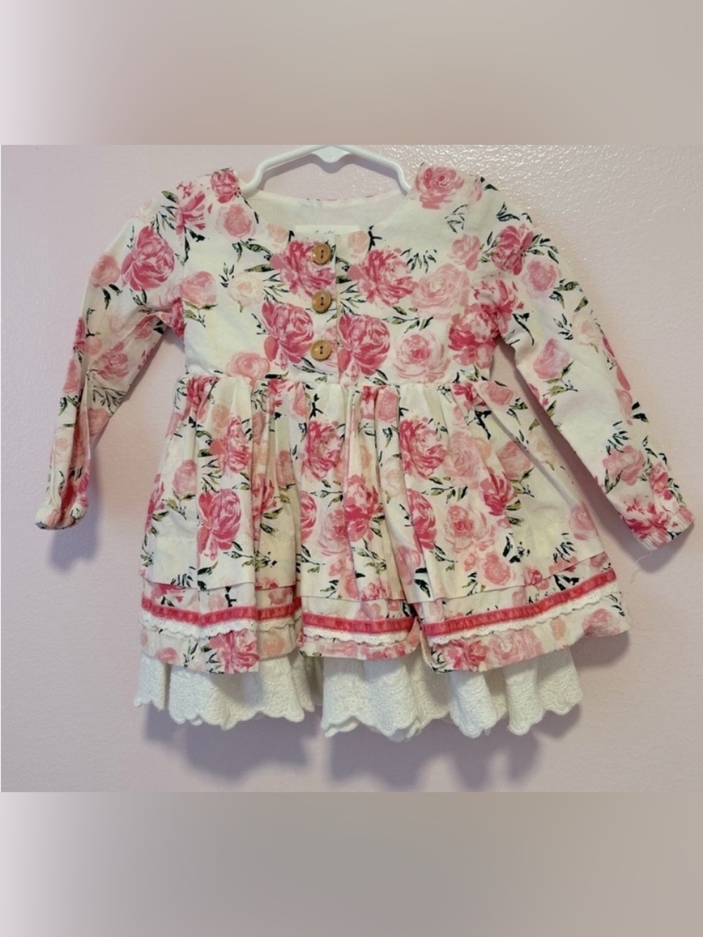 SweeHoney White and Pink Rose Print Prim Dress Sz 18 Mo